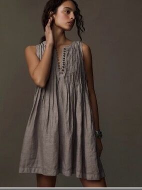 Anthropologie Light gray/Taupe Button-Front Linen mini dress